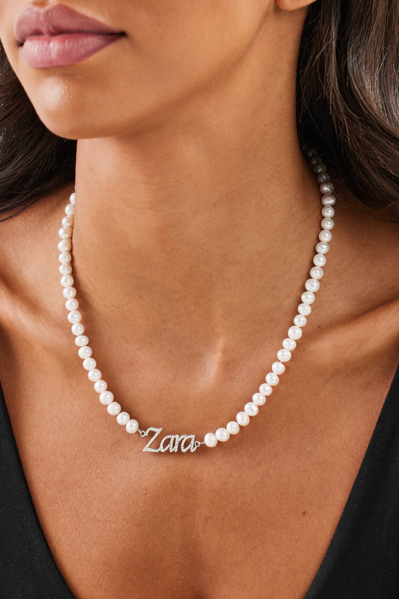 Iced Name Freshwater Pearl Necklace - White - 10mm